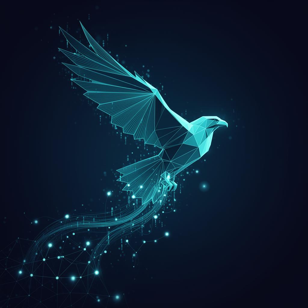 Abstract ascending hawk formed from luminous data lines